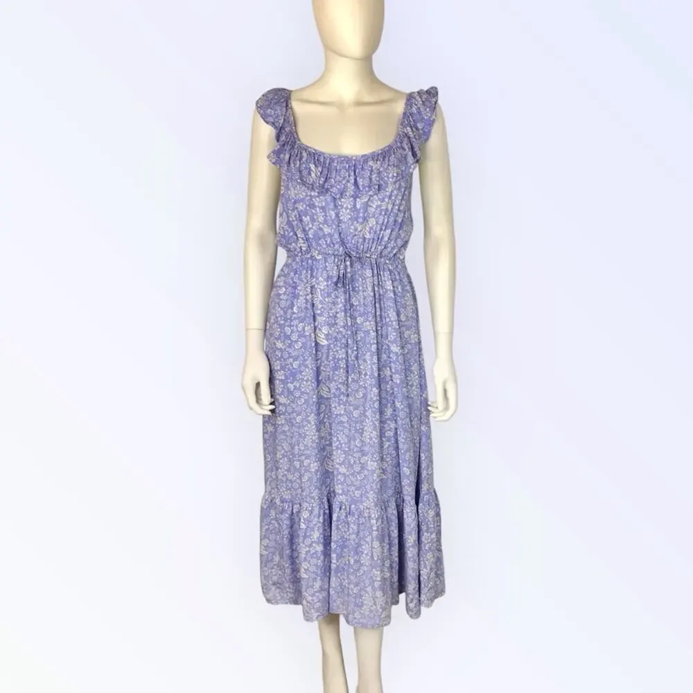 J Crew Blue & White Floral Midi Dress Ruffle Cottagecore Summer Dress